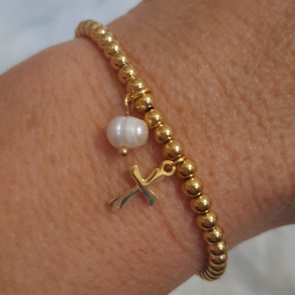 Gold Beaded Bracelet with Gold Cross Charm & Faux Pearl Charm - Picture 3 of 7